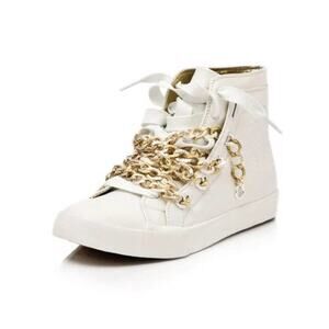 Upper Echelon Nise Leather White 18K Gold-Plated Chain Sneakers High-Cut 7.5